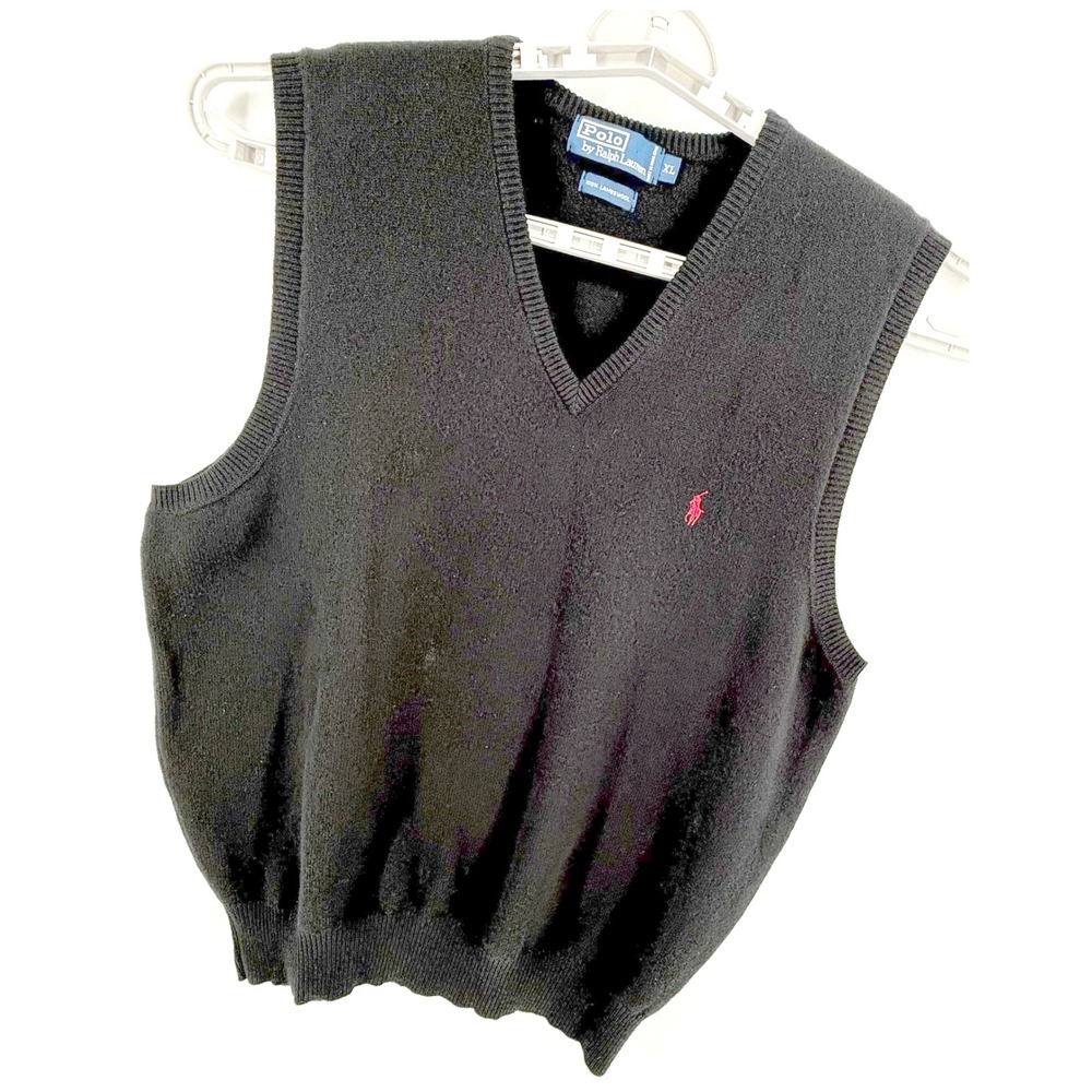 Polo Ralph Lauren Mens XL Lambswool V Neck Sweater Vest Blk Red Pony Logo